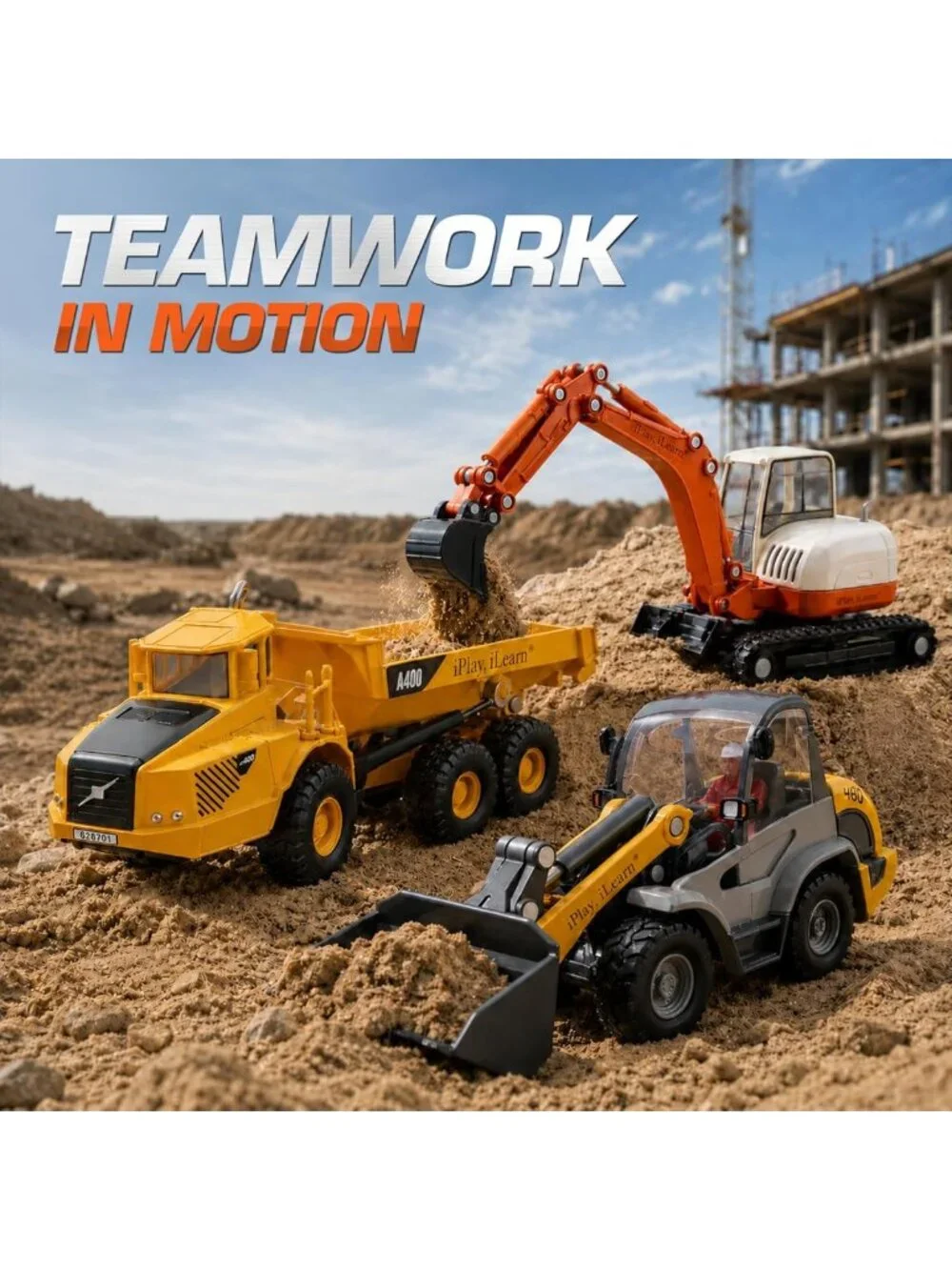 Heavy Duty Construction Playset with Metal Dump Truck, Excavator & Bulldozer